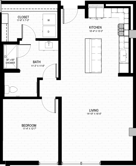 Floor plan for 1 bed, 1 bath, 909 sqft